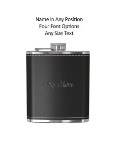 Black leather hip flask with name engraved