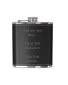 Black leather hip flasks with engraved text