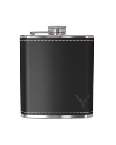 Black leather hip flask with small stag head design
