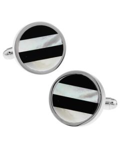Round cufflinks with black and white natural shell stripes