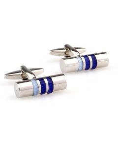 Cylinder shaped cufflinks with three blue stripes