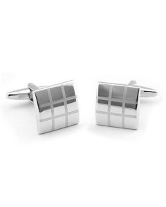 Polished platinum plated cufflinks with laser etched cross design.
