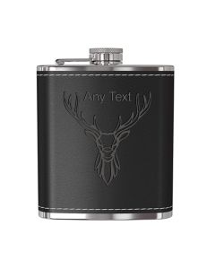 Personalised black leather stag hip flask