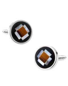 Round cufflinks with brown and white natural shell design
