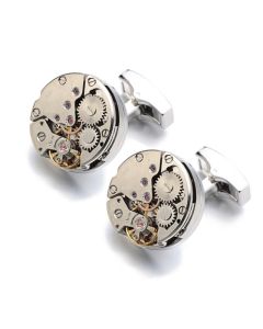 Round watch cufflinks with exposed cogs