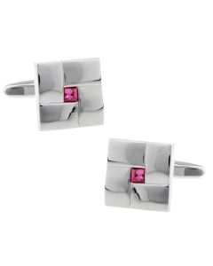 Square shaped cufflinks with pink crystal center