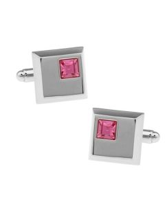 Square cufflinks with a pink crystal inset
