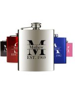 Personalised hip flask with a name, initials and year.